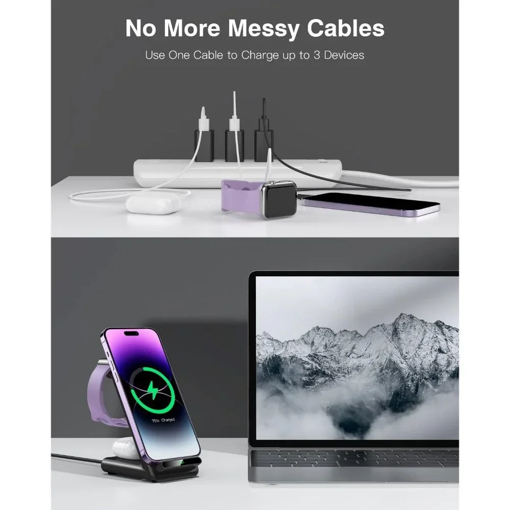3 in1 Wireless Charging Station Made for Apple Watch iPhone AirPods with Adaptor